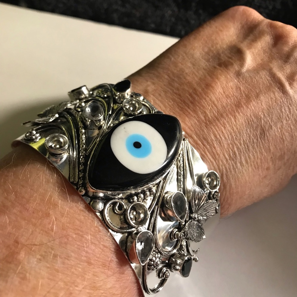 Evil Eye Stamped 925 Sterling Silver Cuff Bracelet